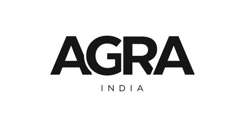 Agra in the India emblem. The design features a geometric style, vector illustration with bold typography in a modern font. The graphic slogan lettering.