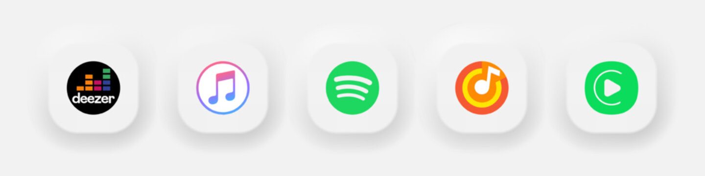 Deezer, iTunes, Spotify, Yandex Music, CarPlay logos of music services. Colored editorial logos of music service brands. Editorial vector