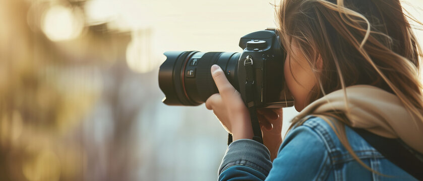 Creative Female Photographer Capturing Urban Moments Through Her Lens in Golden Hour Light
