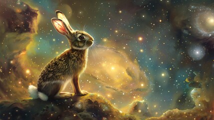 cosmic scene where celestial rabbits frolic among stellar bodies in a galaxy far away