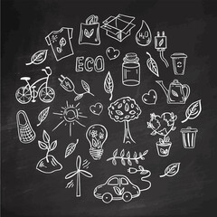 Set of ecology on chalkboard baclground. Elements in circle. Hand-drawn doodle vector illustration. Ecology problem, recycling and green energy icons. Environmental symbols.