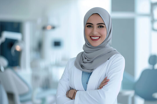 Beautiful and confident Middle Eastern female dentist wearing hijab with friendly smile standing inside blurry modern clinic