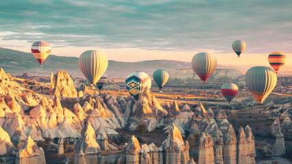 Fairy hot air balloons flying over Cappadocia in Turkey