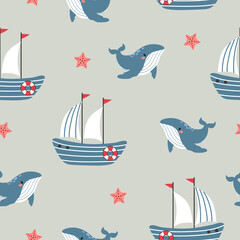 Seamless marine pattern with cute ships and whales. Vector sea illustration for kids - 737049126