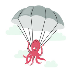 Cute octopus flying by parachute. Vector illustration for kids - 737049151
