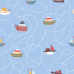 Cute marine pattern with cartoon ships. Seamless vector sea print with cute boats