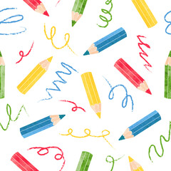 Children drawings pattern with colorful pencils. Seamless vector background for kids - 737049160