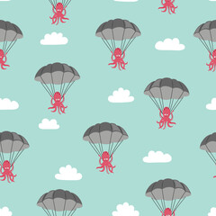 Cute octopus flying by parachute seamless pattern. Vector illustration for kids - 737049167