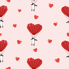 Flying penguin with heart shaped parachute seamless pattern. Valentines Day vector illustration	 - 737049318