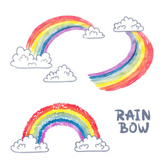 Cartoon rainbows set. Watercolor rainbow and clouds isolated on white background. Colorful vector illustration