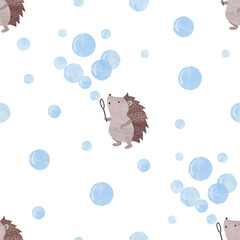 Seamless pattern with cartoon hedgehog blowing soap bubbles. Vector watercolor print - 737049323
