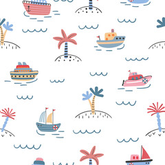 Cute marine pattern with cartoon ships and palm trees. Seamless vector sea print