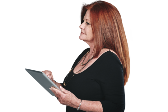 Business, woman and thinking with tablet for research, communication and networking at workplace. Mature person, entrepreneur or technology for project planning isolated on png transparent background