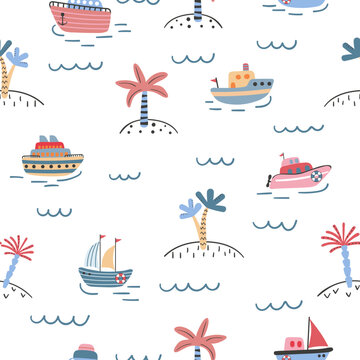 Cute marine pattern with cartoon ships and palm trees. Seamless vector sea print