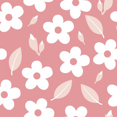 Flowers, buds and leaves on a pink background. Simple white flowers. Flat style, isolated. Seamless pattern.
Background for cover, fabric, decor.