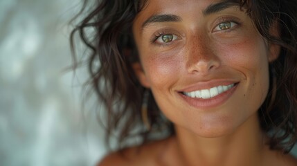 Smiling brunette woman's portrait exudes beauty and warmth, showcasing her lovely smile, radiant skin, and captivating eyes