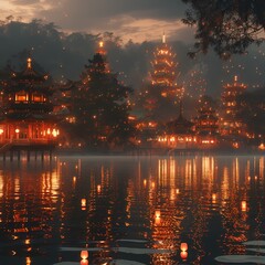 Enchanting Twilight Lantern Festival at Traditional Asian Pagodas