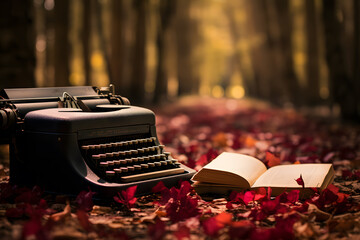 An old typewriter and an unwritten book is forgotten in a romantic forest. A reminder of World...