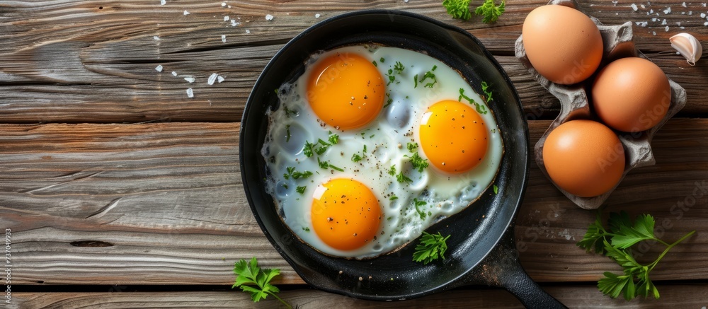 Wall mural Three eggs are sizzling in a frying pan on a rustic wooden table, creating a delicious aroma. These eggs are a key ingredient in many recipes and are a versatile food staple in various cuisines - Wall murals