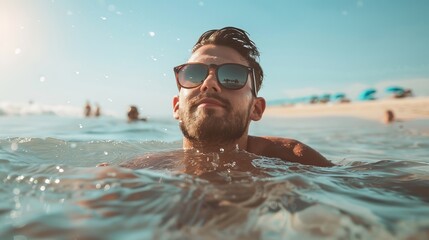 A man is swimming in the ocean, confidently wearing sunglasses and enjoying the water.