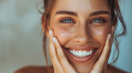 A woman wearing a smile on her face, joyfully placing both hands on her cheeks.