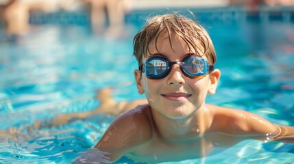 Naklejka premium Young Boy Wearing Goggles in a Swimming Pool