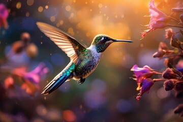 A macro shot of a hummingbird suspended mid-flight, its iridescent feathers catching the sunlight as it hovers near a vibrant cluster of wildflowers.