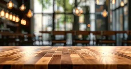 Urban rustic charm with spacious wooden table poised for product display light filters softly through highlighting rich brown hues of wood and casting warm inviting glow around - obrazy, fototapety, plakaty