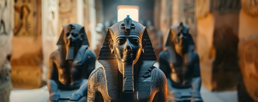 Pharaoh statues and ancient Egyptian artifacts inside a mesmerizing tomb. Concept Breathtaking Ancient Tomb, Pharaoh Statues, Mesmerizing Artifacts