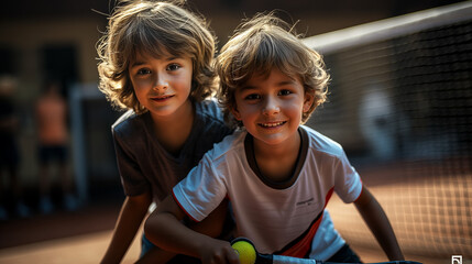 Kids Playing Tennis - obrazy, fototapety, plakaty