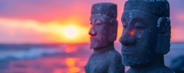 Enhancing Polynesia's Mysterious Allure: Enigmatic Stone Statues and Vibrant Sunsets. Concept Tropical Paradise, Enigmatic Stone Statues, Vibrant Sunsets, Polynesian Culture, Mysterious Allure - obrazy, fototapety, plakaty