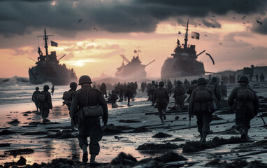 D-Day normandy landing 1944, WWII landing crafts and soldier on the beach, 80th anniversary - obrazy, fototapety, plakaty