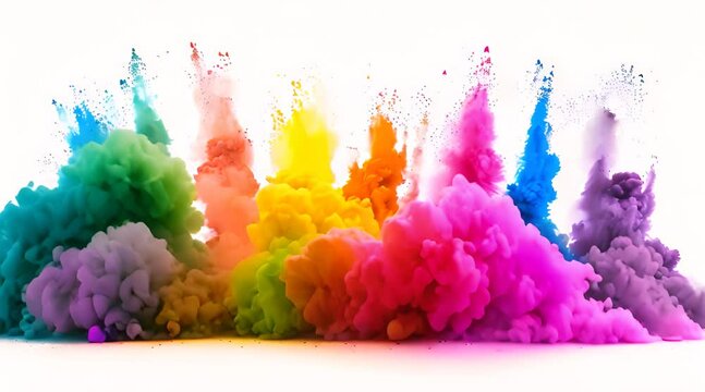 Slow motion shot of color burst waves. Iridescent multicolor colorful pigment smoke, powder, fluid, ink particles. Explosion powder rainbow colors in the center on black background.