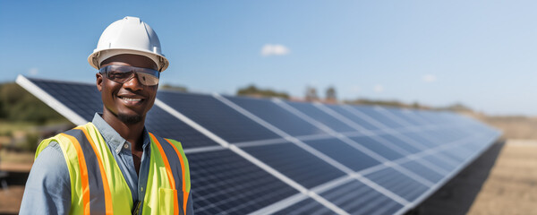 Solar power concept with African man wearing safety helmet and vest. Solar panel installation banner background. - obrazy, fototapety, plakaty