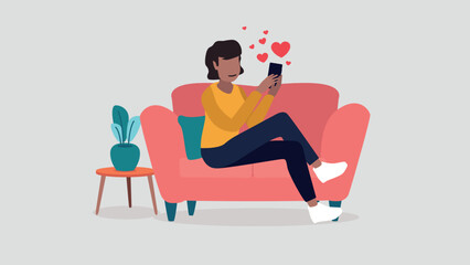 Vektor-Illustration einer Frau die mit ihrem Smartphone auf einer Online-Dating-Plattform flirtet - Dating-Konzept
