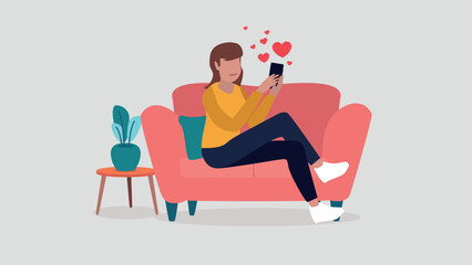 Vektor-Illustration einer Frau die mit ihrem Smartphone auf einer Online-Dating-Plattform flirtet - Dating-Konzept