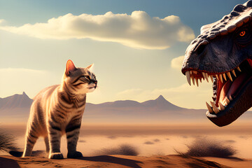 Tyrannosaurus confronts cats in the desert. Generative AI