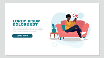 Vektor-Illustration einer Frau die mit ihrem Smartphone auf einer Online-Dating-Plattform flirtet - Dating-Konzept