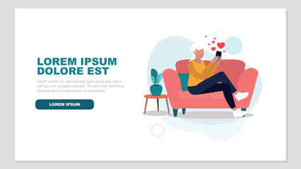 Vektor-Illustration einer Frau die mit ihrem Smartphone auf einer Online-Dating-Plattform flirtet - Dating-Konzept