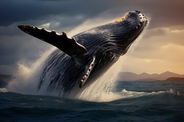 A magnificent humpback whale breaching the surface of the ocean, its massive body suspended in...