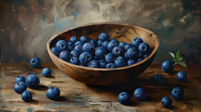 Ripe blueberries in a bowl oil illustration. Organic eco product. Healthy eating