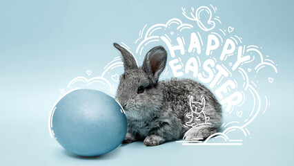 Creative banner related to Easter holiday with bunny and colored eggs against blue background. Children's book illustration about Easter. Template for banner, poster, postcards and greeting cards, ad