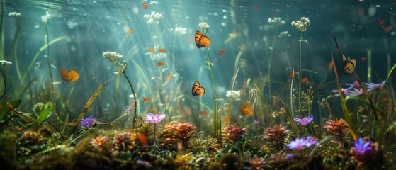 Enchanted Underwater Garden: A tranquil landscape of colorful flora and graceful butterflies illuminated by the sun's rays
