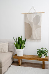 Handmade macrame tapestry on wall and plants on wooden bench in living room