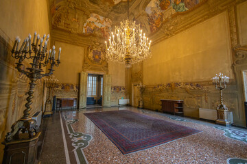 GENOA, ITALY, JANUARY 20, 2024 - The great hall of Centurione Pitto Palace in the historic centre of Genoa, Italy - obrazy, fototapety, plakaty
