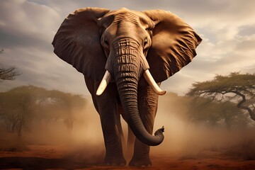 A majestic elephant bull raising its trunk high in the air, a symbol of strength and wisdom in the animal kingdom.