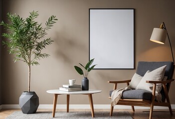 Cozy room with chair, chest and plant against beige wall. Picture on wall with mock up. Concept of Modern Scandinavian style. Generative Ai