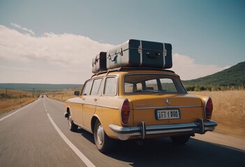 travelers' suitcases on the roof of an antique car driving along the road. The concept of memory
