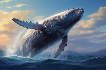 A majestic humpback whale breaching out of the water, capturing the moment against a serene...