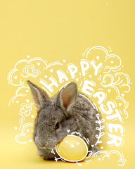 Creative design with bunny and decorated egg on yellow background with doodles. Promotional poster...